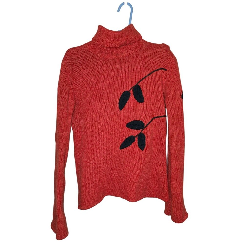 Bloomingdales Orange Lambswool Turtleneck Sweater With‎ Leaf Design